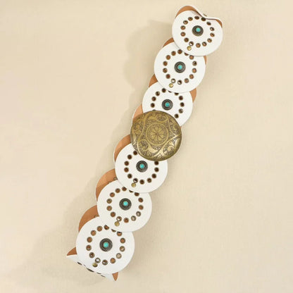 Exaggerated Wide Boho Disc Belt Rivet Turquoise Carved Buckle Waist Belt Adjustable Alloy Western Leather Waistband Cowgirl