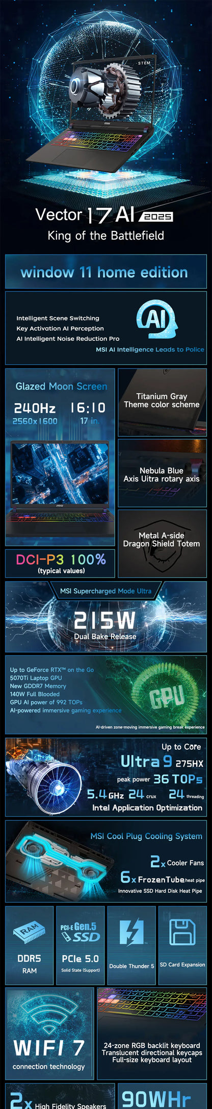2025 MSI Vector 17 HX AI Gaming Laptop 17 Inch 2.5K QHD 240Hz IPS Screen Notebook Ultra 9-275HX 64GB 2TB RTX5080 Netbook Compute