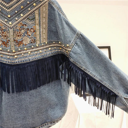 Rivet Embroidery Tassel Denim Jacket Women Loose Long Sleeve Short Outwear Spring Autumn Fashion Black Jeans Jacket Coat Female