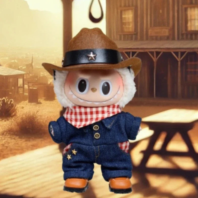Tenue de cowboy de poupée Labubu de 17 cm – Ensemble de costumes de style occidental avec chapeau et bottes, décorations pour poupées, accessoires sur le thème du Wild West