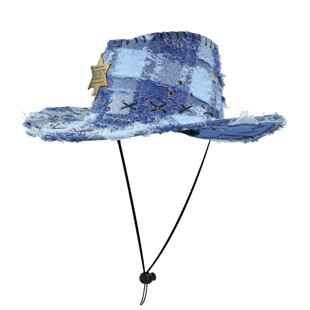 Chapeaux de Cowboy occidentaux rétro SHERIFF, sangle de menton réglable, Protection solaire, voyage, Vintage, plein air, tendance, Streetwear