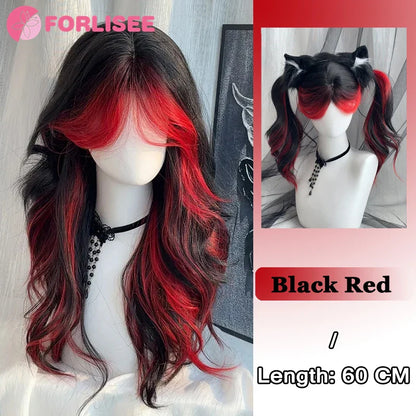 Pink Blonde Highlights Long Wavy Wig Synthetic Colorful Lolita Cosplay Hair Wigs with Bangs for Women Heat Resistant Daily Use