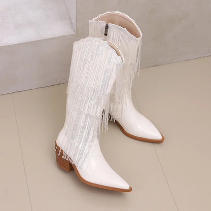 Bottes western à sequins et pompons, noires et argentées, courtes, en peluche, automne/hiver, talon de 6,5 cm, style bohème, hauteur genou, pointures 36 a 46.