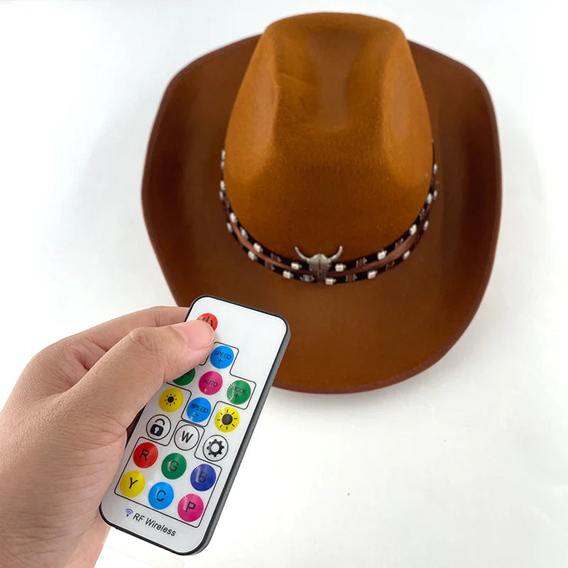 Chapeau de cowboy LED télécommandé pour femmes et hommes, chapeaux de cow-girl occidentaux, robe de l'ouest, vêtements de sauna scintillants pour Halloween, casquette unisexe, mode