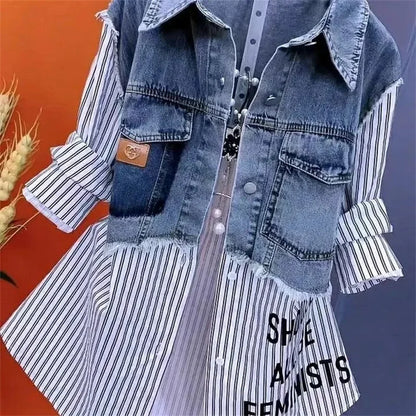Blouson en jean pour femme Faux deux chemises en jean 2025 Nouvelle collection printemps été automne Décontracté Mode Joker Couture Rayé Hauts Manteau Femme