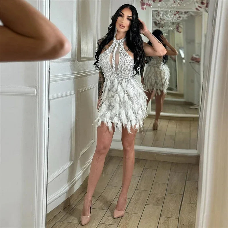 Sexy Glitter Sequins Birthday Dress Women Nightclub Party Halter Backless Feathers Sleeveless Prom Cocktail Short Dresses Robe