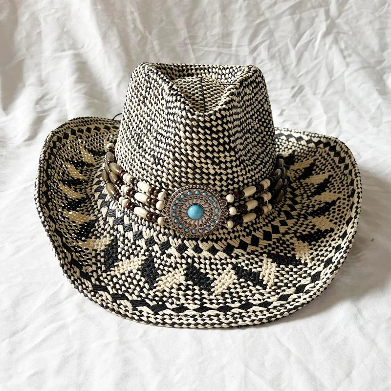 Chapeau de paille de cowboy vert matcha, tissé à la main, creux, pour hommes et femmes, chapeau de soleil d'été, chapeau de paille de cowboy occidental