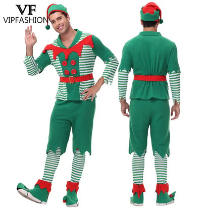 VIP FASHION Men Christmas Elf Costume with Hat Stockings Shoe Covers Belt Fancy Xmas Party Dress Up Outfit Male Festival Clothes