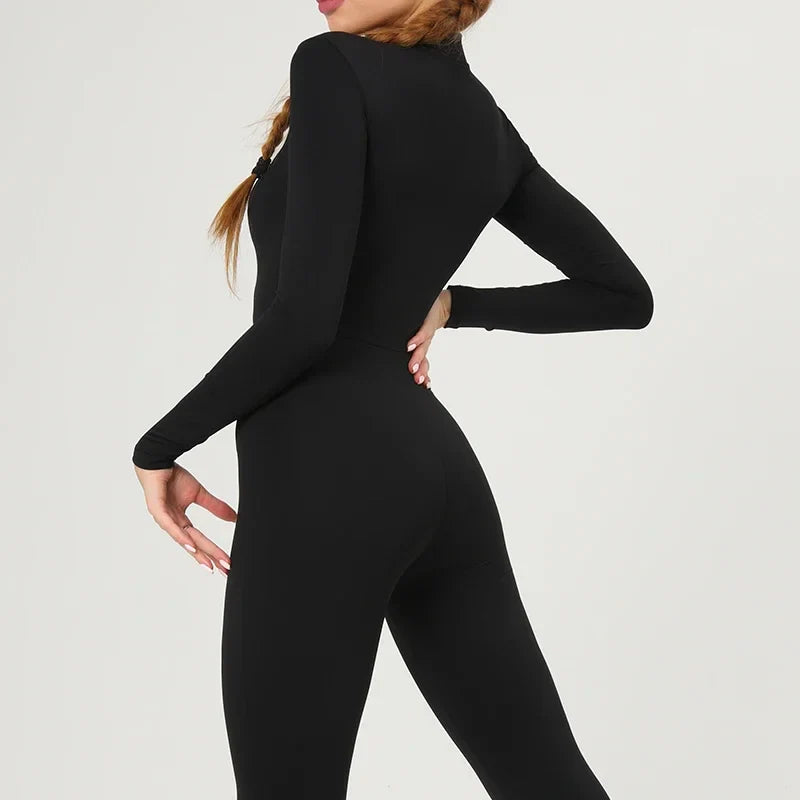 Combinaisons de sport chaudes en peluche pour femmes, survêtement une pièce, Fitness, ensembles de gymnastique d'hiver, manches longues, body d'exercice noir pour femme