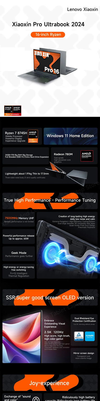 Lenovo laptop Xiaoxin Pro16 2024 AMD Ryzen R7 8745H/8845H 16-Inch 2.5K 120Hz 16/32GB LPDDR5 RAM 1T/2TB SSD Computer Notebook PC