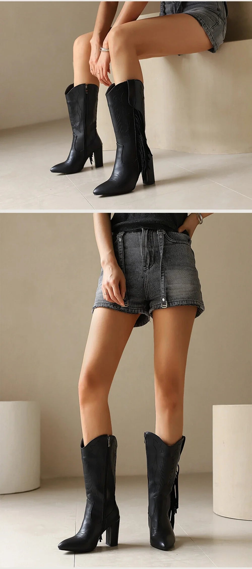 Botas De Mujer bottes De Cowboy occidentales brodées femmes mode pointu gland côté fermeture éclair genou bottes hautes chaussures gothiques 8508