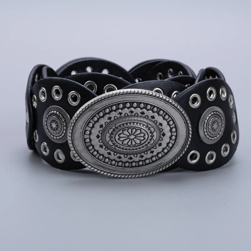 Ceinture creuse ovale en polyuréthane avec œillets, style cow-girl/cowboy, pour femmes, accessoire de décoration de taille rétro, gaine sur vêtements.