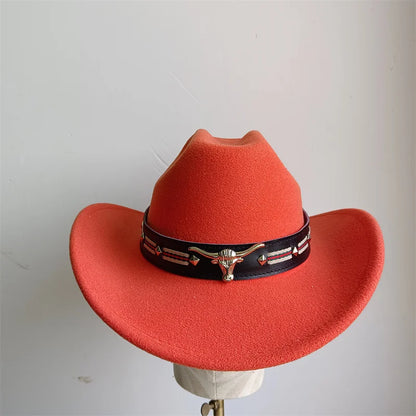 Ethnic Style Cowboy Hat Fashion Chic Unisex Solid Color Jazz Hat With Bull Shaped Decor Western Cowboy Hats