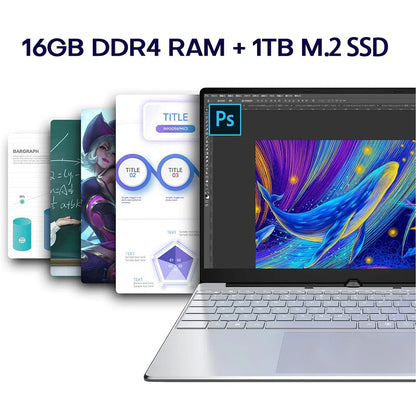 Xiaman Ordinateur portable 15,6" Intel Pentium 7505 Windows 11 Dual Core PC portable portable pour gamer avec déverrouillage par empreinte digitale