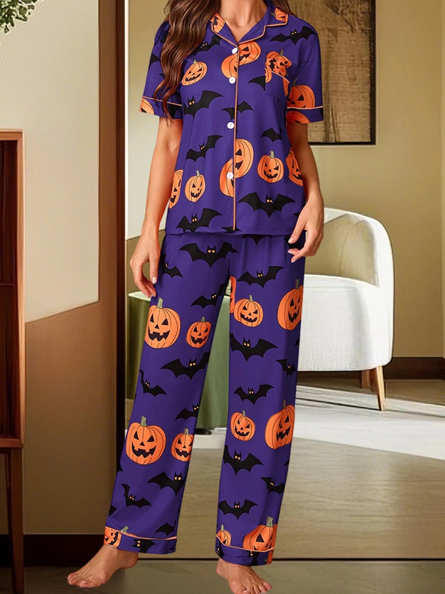 Women Halloween Pajama Set, Pumpkin Bat Print Short Sleeve Button Closure Shirt with Pants Sleepwear Loungewear