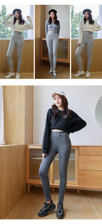 Hiver femmes Leggings solide chaud Leggings épaissir laine d'agneau taille haute polaire garder bout à bout haute extensible pantalon de marche poche