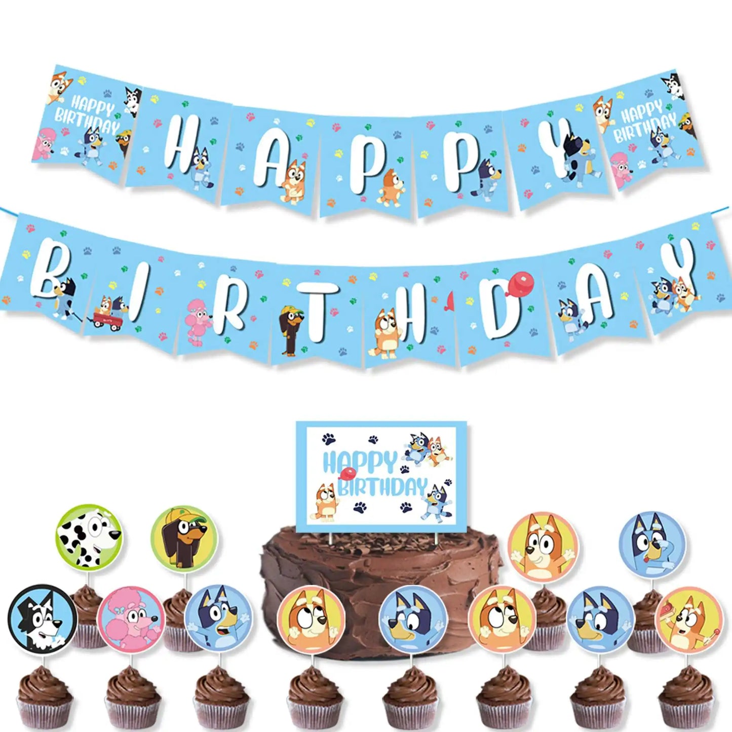 Bluey – vaisselle de fête d'anniversaire de noël, bannière jetable, garniture de gâteau, drapeau suspendu, ballons avec chiffres bleus, décoration d'anniversaire
