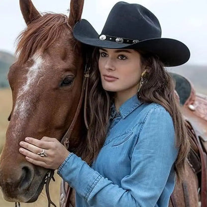Chapeau de cowboy occidental classique noir confortable, à bord retroussé, avec boucle de ceinture, pour femme, Fedora, Sombrero, Jazz, Cowboy