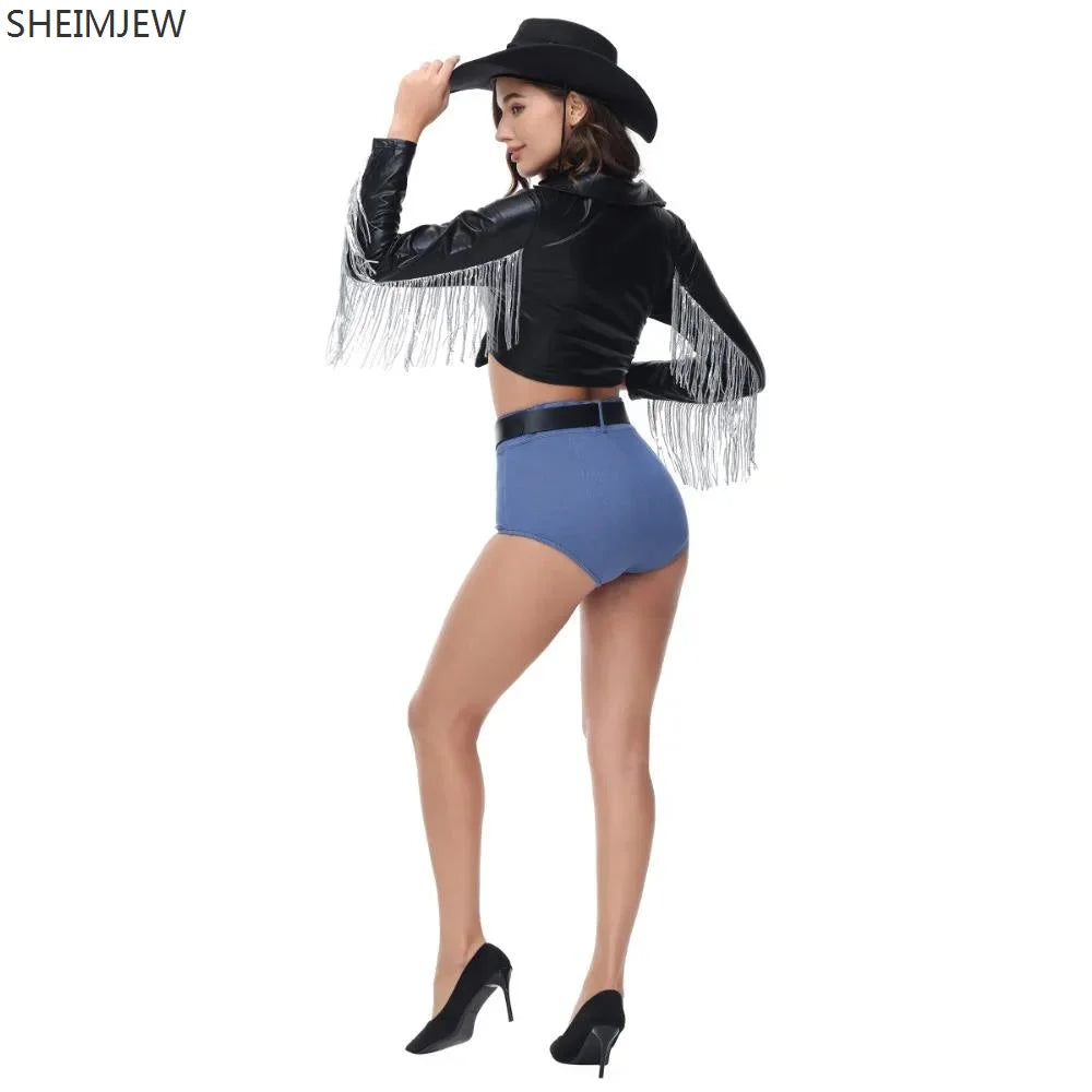 Costume de Cosplay de Cowboy occidental Disco, chanteur Sexy, pompon d'halloween, col en V profond, chemise en cuir à manches longues, pantalon court, Costume Hottie