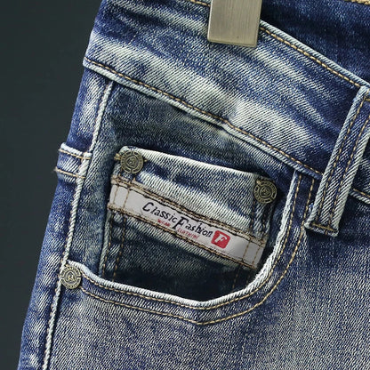 Jean Rétro Homme Slim Élastique Épissé Zip Skinny Crayon Pantalon Harajuku Hip-hop Rock Moto Denim Pantalon Streetwear