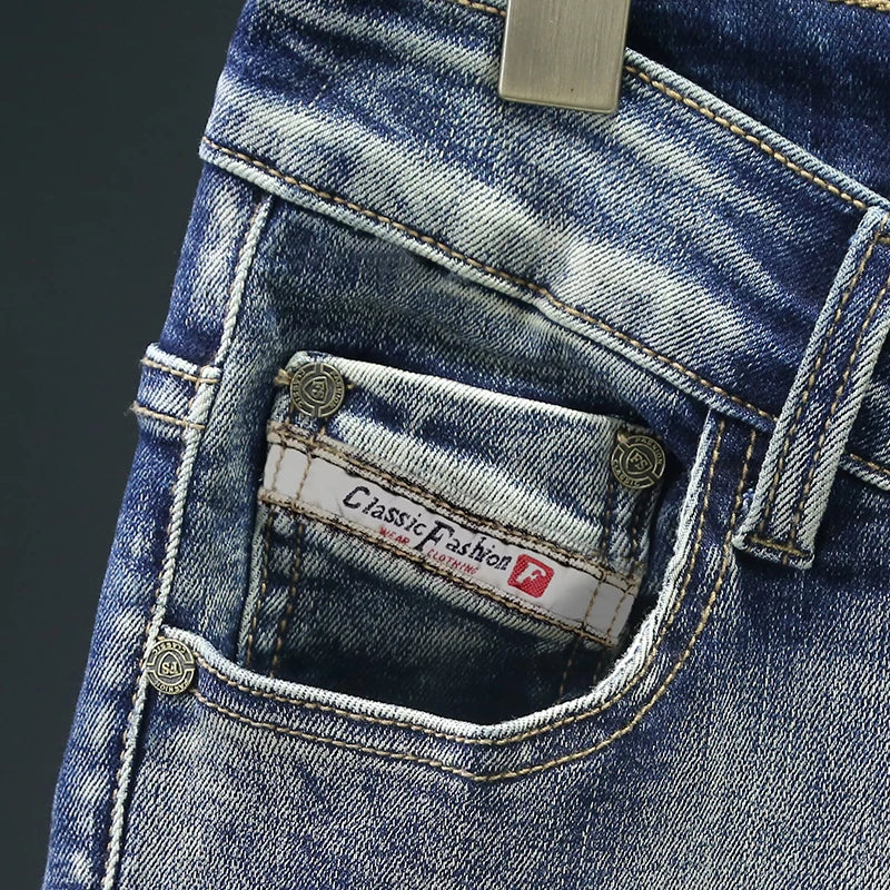 Men's Retro Jeans, Slim, Elastic, Zipper, Skinny Pencil Pants, Harajuku Style, Hip Hop, Rock, Motorcycle, Streetwear