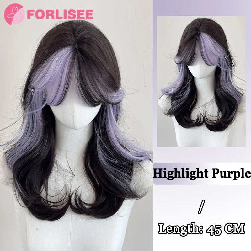 Pink Blonde Highlights Long Wavy Wig Synthetic Colorful Lolita Cosplay Hair Wigs with Bangs for Women Heat Resistant Daily Use