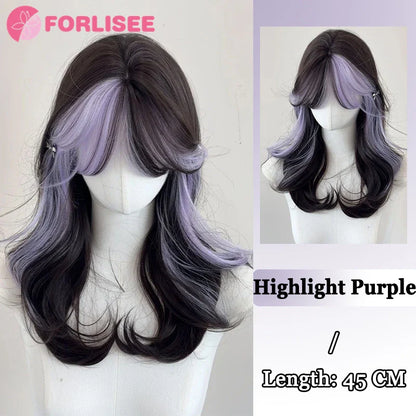 Pink Blonde Highlights Long Wavy Wig Synthetic Colorful Lolita Cosplay Hair Wigs with Bangs for Women Heat Resistant Daily Use