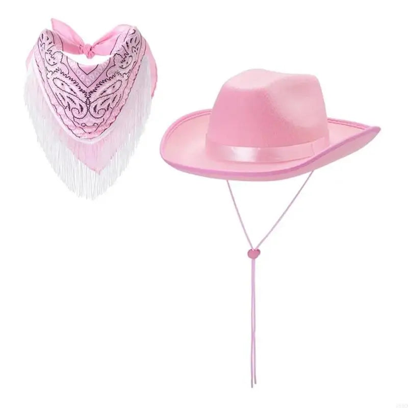 Roleplay Cowboy Hat for Female WesternStyle Hat Headscarf Bachelorettes Party Costume Travel Cowgirl Hat Bandanas 2PCS