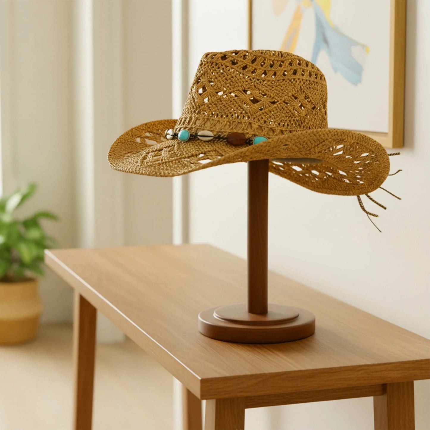 Chapeaux de cow-girl pour femmes et hommes, chapeau occidental d'été en plein air, chapeau de paille à large bord avec bande perlée