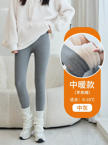 Leggings 420g 92% coton avec doublure polaire pour vêtements d'hiver, polaire d'agneau épaisse en coton pour femmes, pantalon chaud gris taille haute