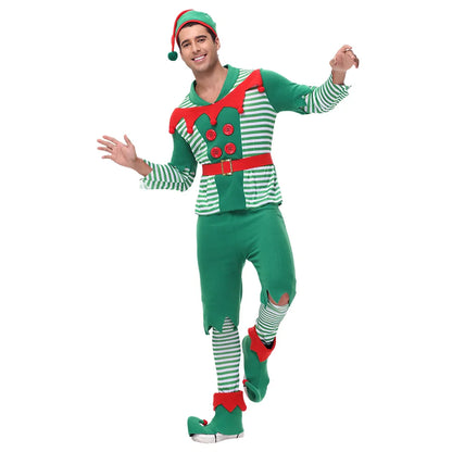 VIP FASHION Men Christmas Elf Costume with Hat Stockings Shoe Covers Belt Fancy Xmas Party Dress Up Outfit Male Festival Clothes