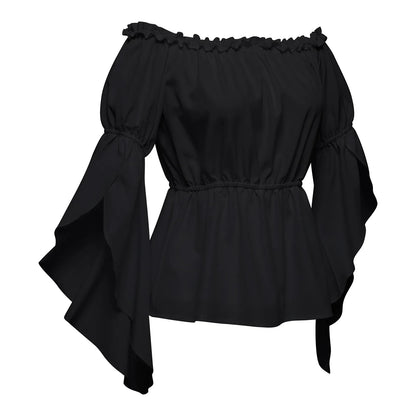 Women's Renaissance Ruffle Blouses, Ruched Sleeve Pleated Blouse, Off Shoulder Boat Neck Medieval Shirt, Victorian Shirt