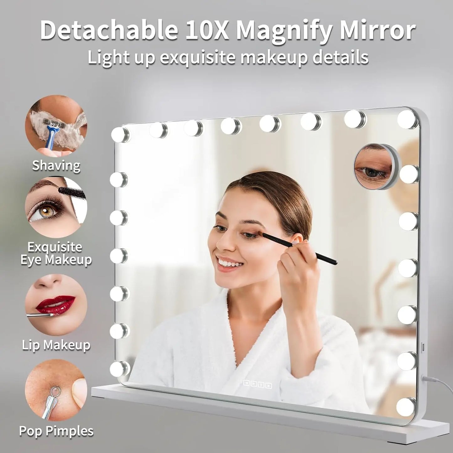 Miroir de maquillage Hollywood avec éclairage 20 LED, lecteur Bluetooth, grand miroir cosmétique 80x60 cm avec 3 variateurs lumineux, USB, tactile