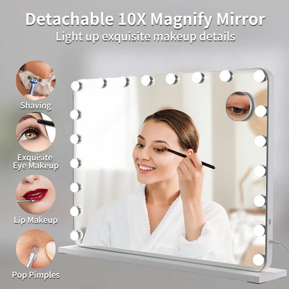 Miroir de maquillage Hollywood avec éclairage 20 LED, lecteur Bluetooth, grand miroir cosmétique 80x60 cm avec 3 variateurs lumineux, USB, tactile
