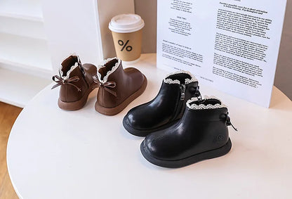 2024 New Autumn Children Boots Leather Girls Ankle Boots  Lace Butterfly-knot  Rubber Sole Fashion Toddler Kids Boots EU 21-30