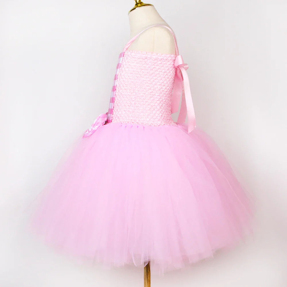 Movie Barbi Costume for Girls Margot Robbie Pink Plaid Tulle Tutu Dress Kids Halloween Birthday Party Princess Dress Up Clothes