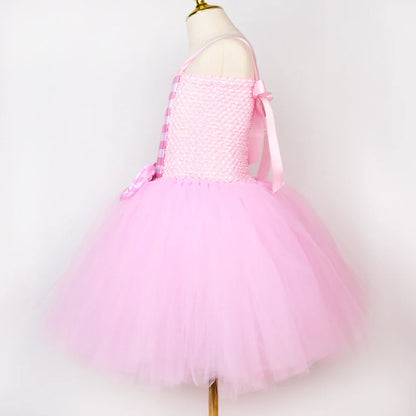 Movie Barbi Costume for Girls Margot Robbie Pink Plaid Tulle Tutu Dress Kids Halloween Birthday Party Princess Dress Up Clothes