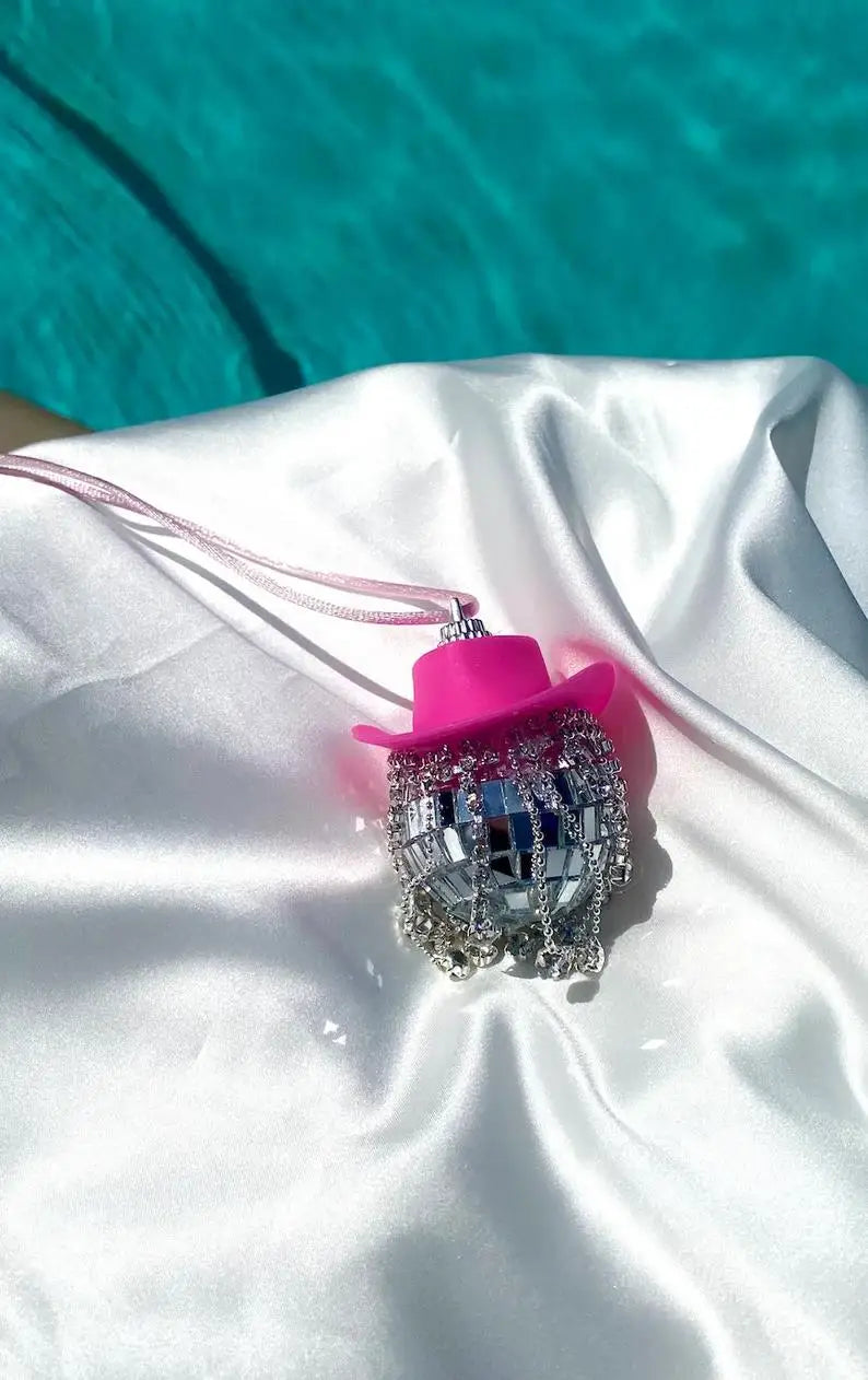 Fringe Rhinestone Pink Cowgirl Disco Ball Car Hanging Rear View Mirror Accessory Cowboy Trendy Cute Charms Christmas Ornaments