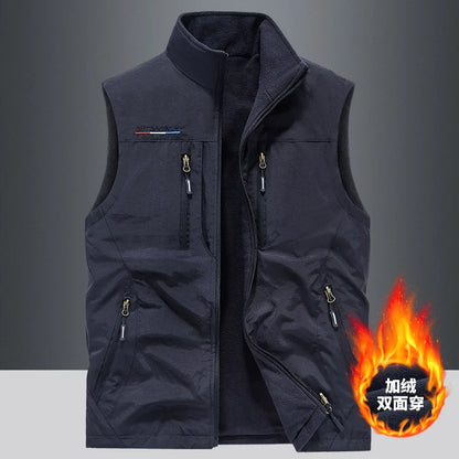 Men Autumn Fleece Outdoor Vest 4XL Utility Tactical Multi-pocket Techwear Outdoor Hiking Fishing Photography Safari Cargo Vest