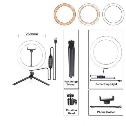 26cm (10") LED Selfie Ring Light, Photography Lighting Kit, USB Charging Lamp with Tripod for Live Video, 120 Beads