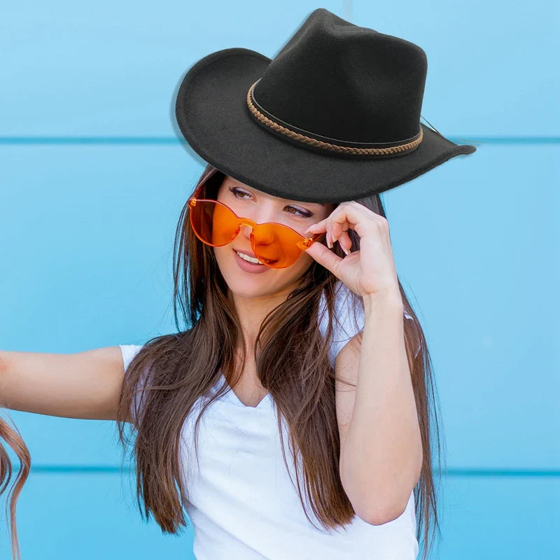 Chapeaux de cowboy classiques pour femmes et hommes, chapeaux de cowgirl rétro en feutre à large bord avec bande décorative