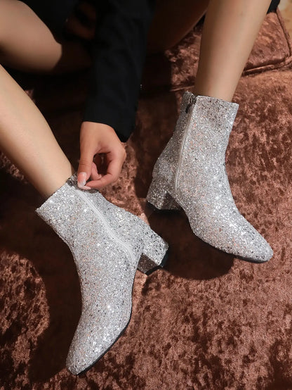 Boots Women Christmas Glitter Zipper Chunky Heel Ankle Boot Sequins Round Toe Chunky Heels Ankle Boots Party Shoes for Women