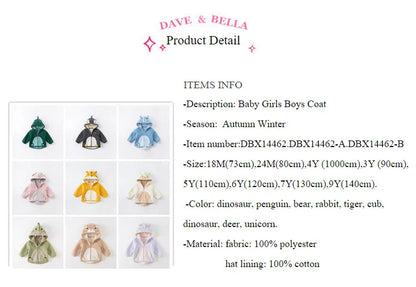Dave Bella Cute Animal Shape Children Hoodie Cartoon Boys Girls Coat Autumn Warm Hooded Outerwear Toddler Girl Clothes DBX14462