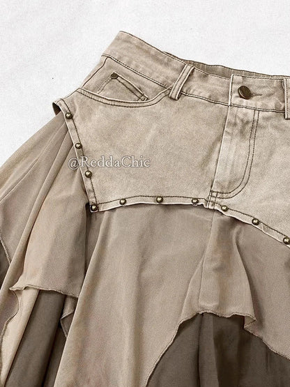 REDDACHiC Cowgirl Tulle point Denim jupe asymétrique Hippie rétro Rivets taille haute à volants jupe longue fluide été femmes vêtements