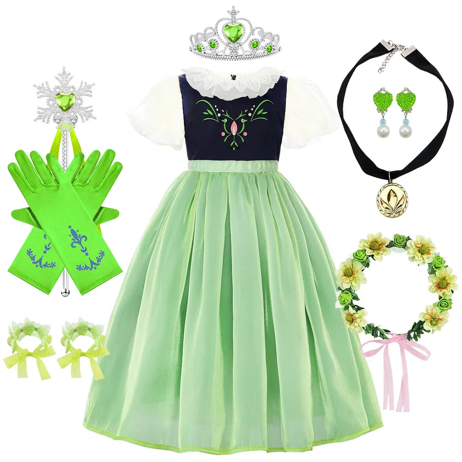 Robe de princesse de cosplay Anna pour filles, costume en maille à manches lanternes, pour fête d'anniversaire, carnaval, Halloween, robe de bal pour enfants