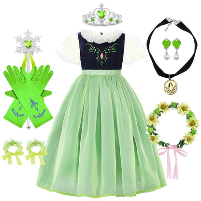 Robe de princesse de cosplay Anna pour filles, costume en maille à manches lanternes, pour fête d'anniversaire, carnaval, Halloween, robe de bal pour enfants