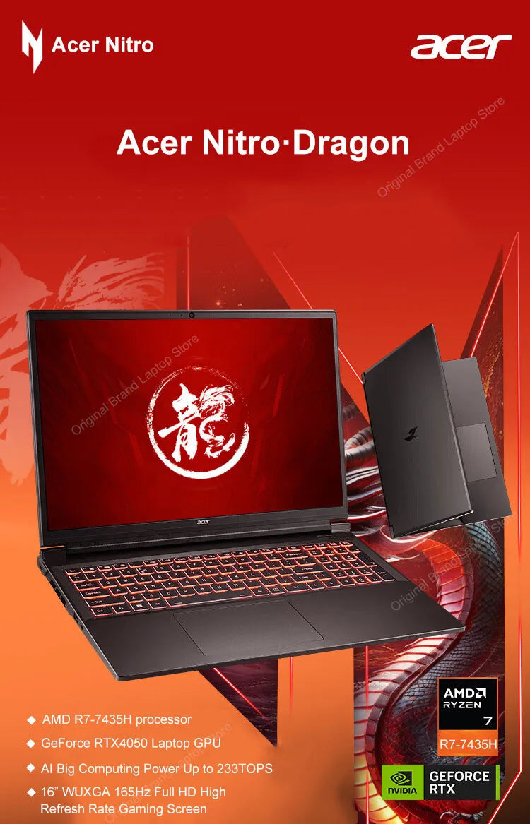 2024 Acer Nitro Dragon Gaming Laptop 16 Inch 2.5K 165Hz IPS Screen Netbook Ryzen R7-7435H 32GB 1TB RTX4060 Gaming Notebook PC