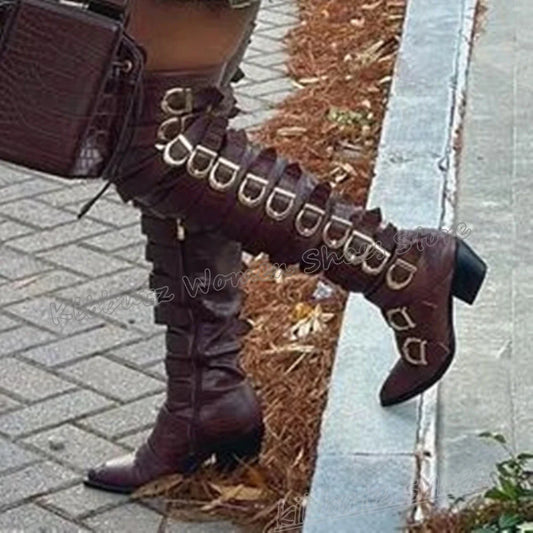 Cowboy Over The Knee High Boots Vintage Fashion Luxury Novelty Sexy Elegant Concise Leather Solid Color Belt Buckle Shoes Newest