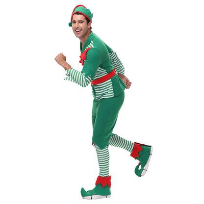 VIP FASHION Men Christmas Elf Costume with Hat Stockings Shoe Covers Belt Fancy Xmas Party Dress Up Outfit Male Festival Clothes