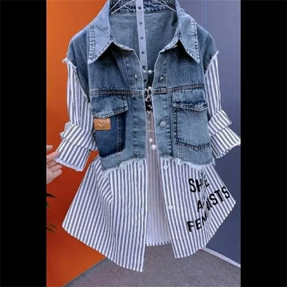 Blouson en jean pour femme Faux deux chemises en jean 2025 Nouvelle collection printemps été automne Décontracté Mode Joker Couture Rayé Hauts Manteau Femme
